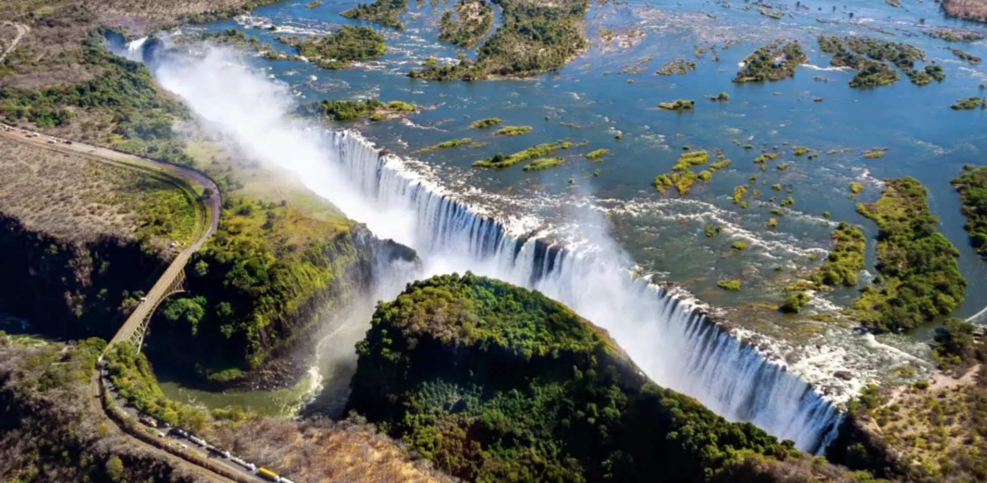 Aerial view of Victoria Falls and the Zambezi